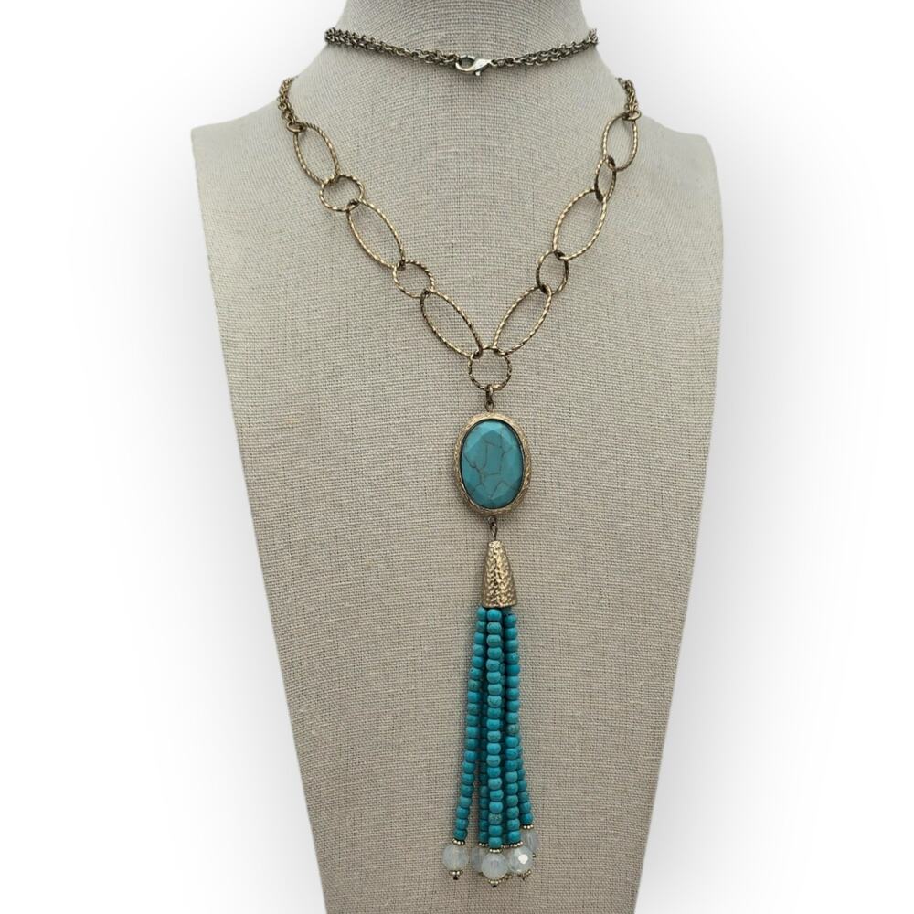 Turquoise Stone Beaded Tassel Pendant Necklace Long Chain – Boho Southwestern
